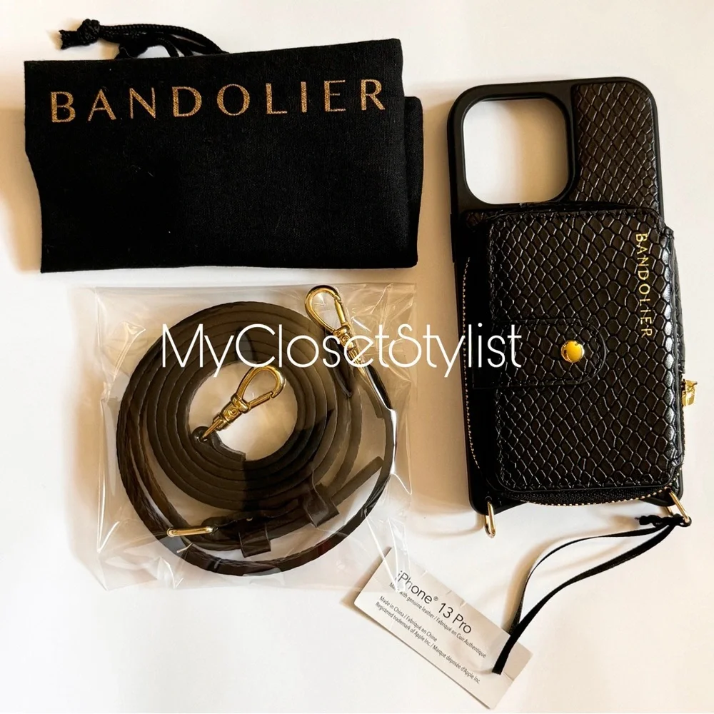 NWT! Bandolier MIRROR Snake 13 Pro iPhone Case Crossbody Strap SET! Black Purse